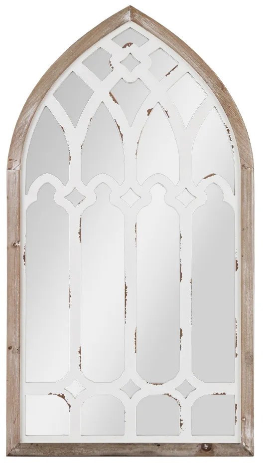 Kopottas vintage krém-barna csúcsíves fából készült fali tükör 93x51x3,5cm