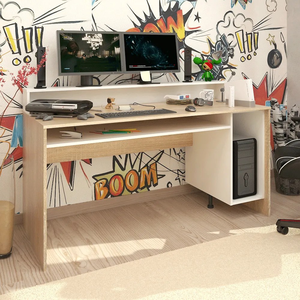 Számítógépasztal/gamer asztal, sonoma tölgy/fehér, TEZRO NEW