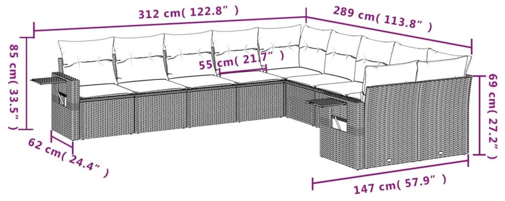 10 részes világosszürke polyrattan kerti ülőgarnitúra párnákkal