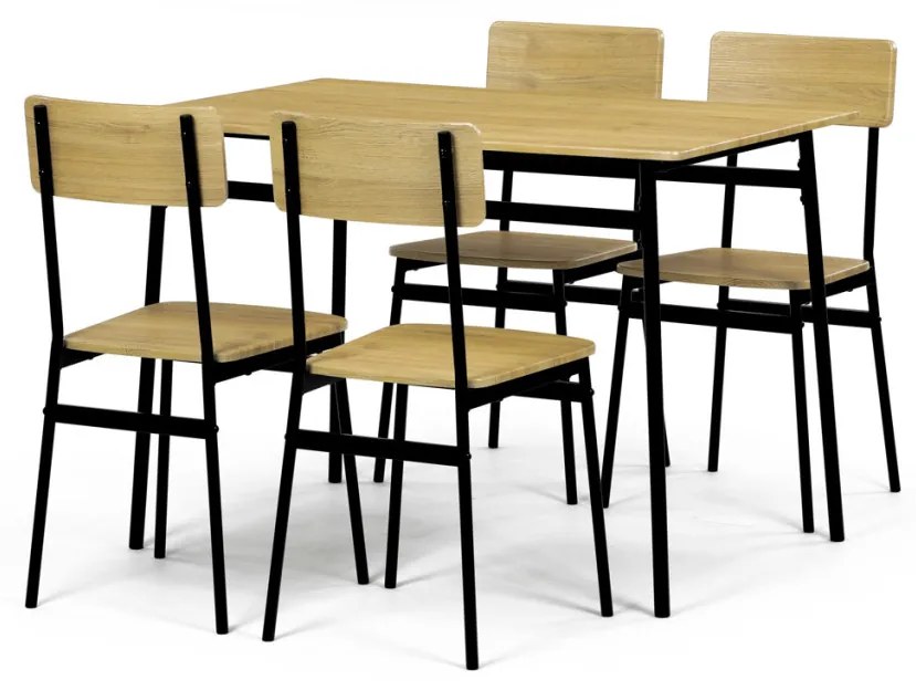 Set de sufragerie Masă cu Patru Scaune, MDF, decor Stejar Natural, cadru metalic negru