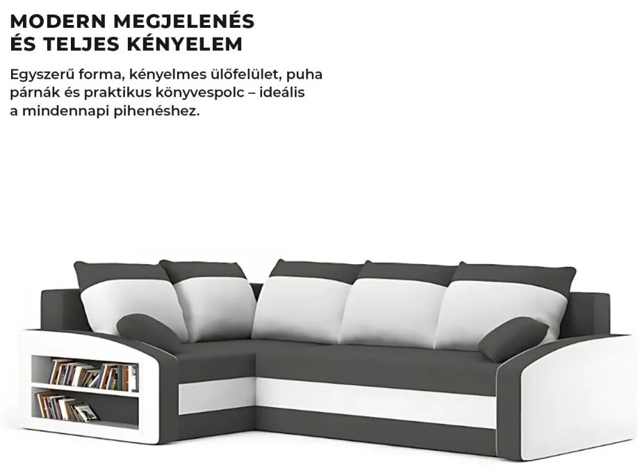 Grande sarokkanapé polcokkal , polc a bal karfaban, baloldali, szövet anyag, hab töltet, szürke - fehér