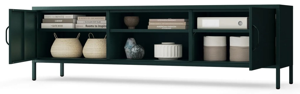 Széles XL méretű, lábakon álló fém TV-szekrény, palackzöld színben, 1700x400x500 mm: ROSARIA
