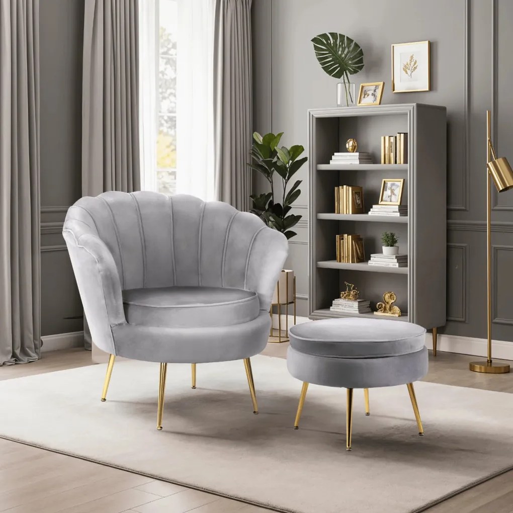 Elegáns Fotel Lábtartóval Szürke Bársony Kárpittal. GRAND