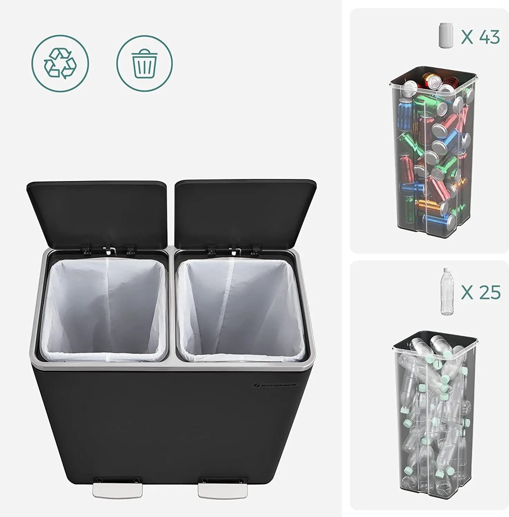 Légmentes fém pedálos dupla szemetes 2 x 30l, 15 szemeteszsákkal, fekete