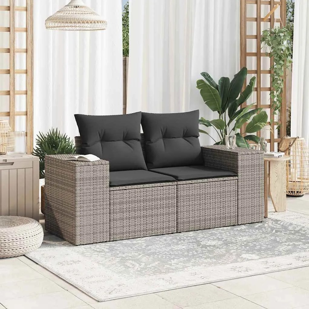 2 személyes szürke polyrattan kerti kanapé párnával