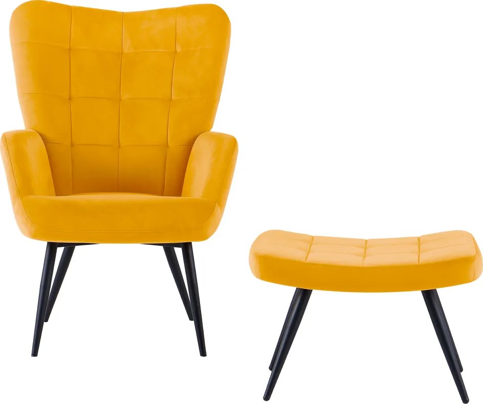 Fotel lábtartóval, sárga Velvet szövet/fekete, HABEN