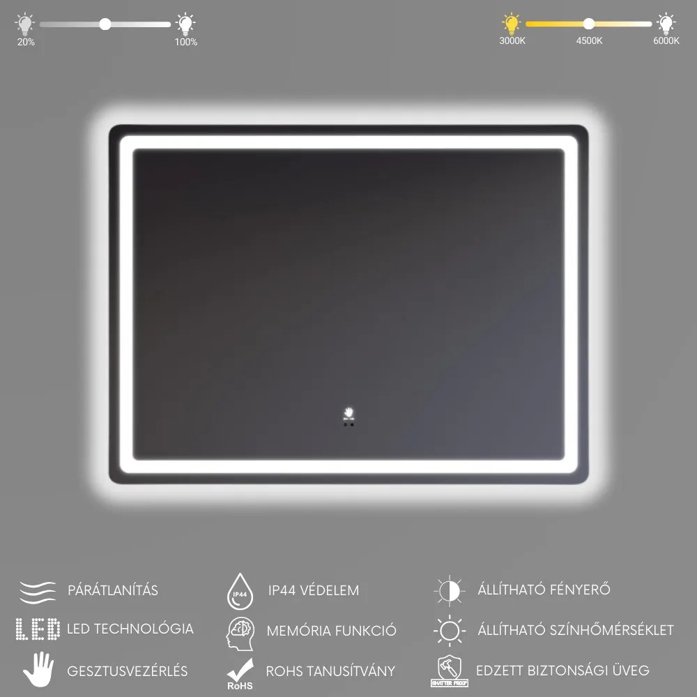 Fekvő fürdőszobai LED tükör 80x60cm | Gesztusvezérlés - Páramentesítő - Fényerő és színhőmérséklet szabályozás | Welland Type20H