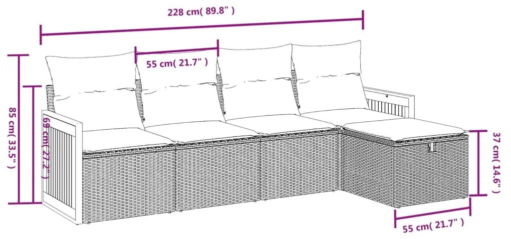 5 részes fekete polyrattan kerti kanapészett párnákkal