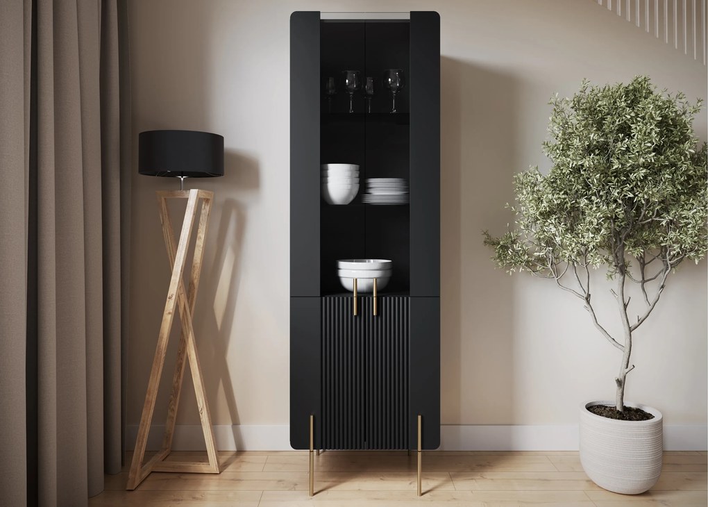 Malmi vitrines szekrény 60 cm - fekete matt / arany lábak