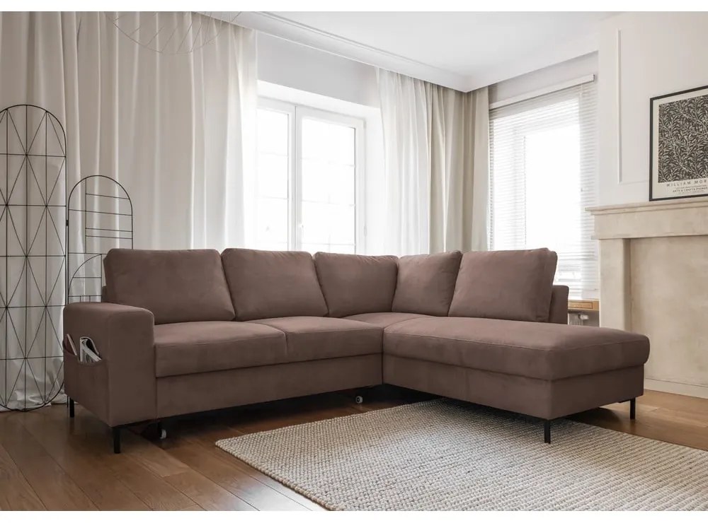 Barna kordbársony kinyitható sarokkanapé (jobb oldali) Lofty Lilly – Miuform