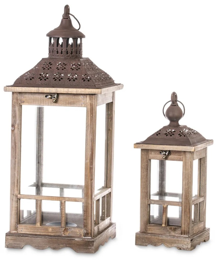 Barna vintage üvegezett fa 2db-os mécsestartó karácsonyi lámpás lantern szett fém tetővel 60x23x23 / 40x15x15cm