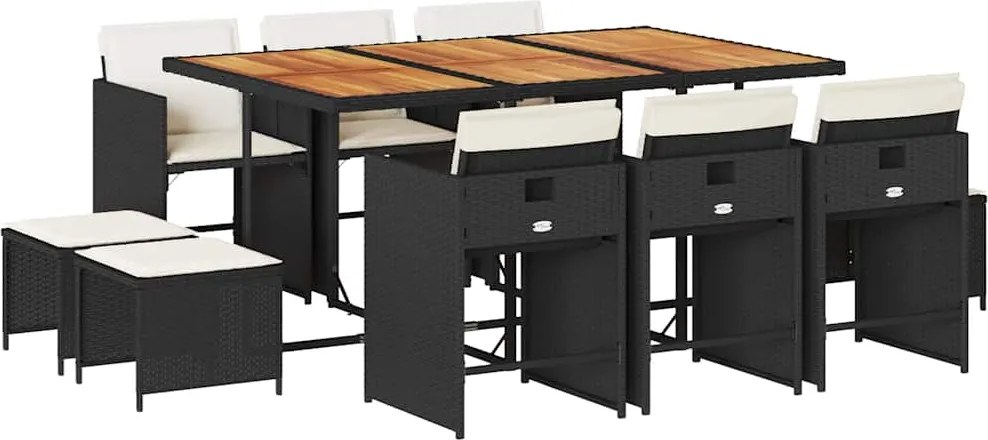 vidaXL 11 részes fekete polyrattan kerti étkezőgarnitúra párnákkal