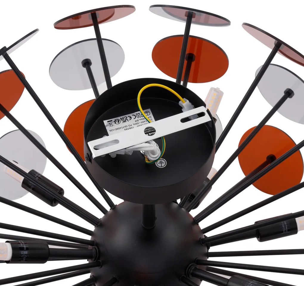 Art Deco mennyezeti lámpa fekete, borostyán és füst színű üveggel - Atomic