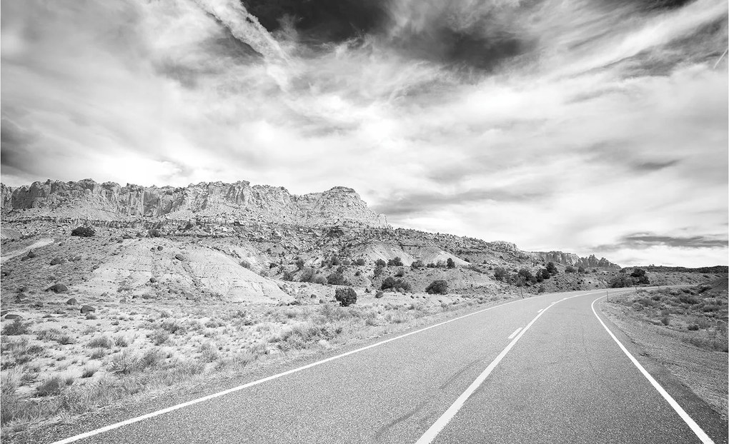 Fotótapéta Szürke út a hegyekbe monokróm utazás 416x254 +ragasztó