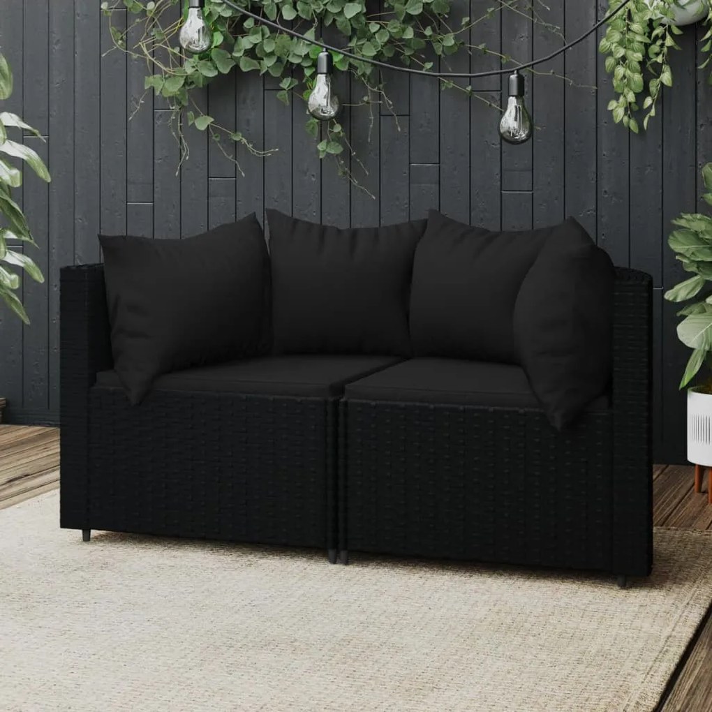 2 db fekete polyrattan kerti sarokkanapé párnákkal