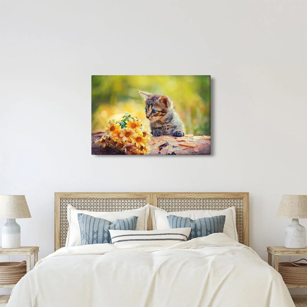 Macska képe ahogy a virágot nézi (90x60 cm)