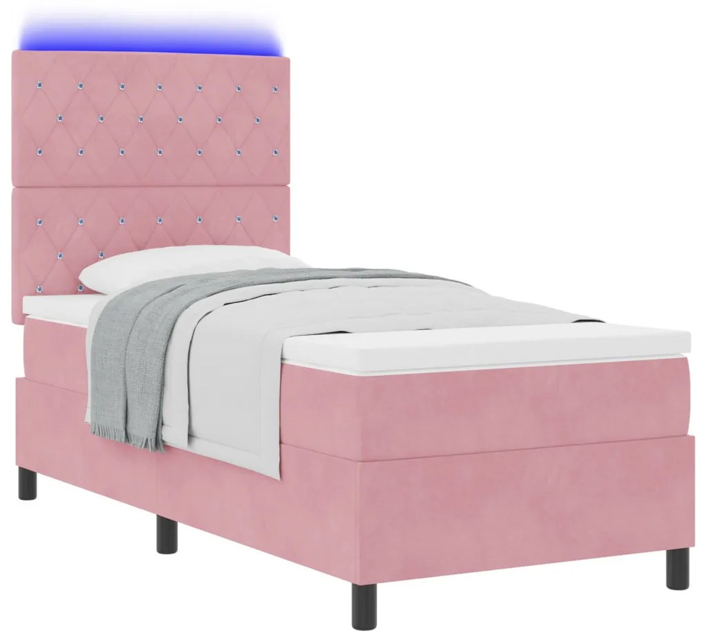 Boxspring Ágy Matráccal és LED Fénnyel Rózsaszín 90x190 cm Bársonyból