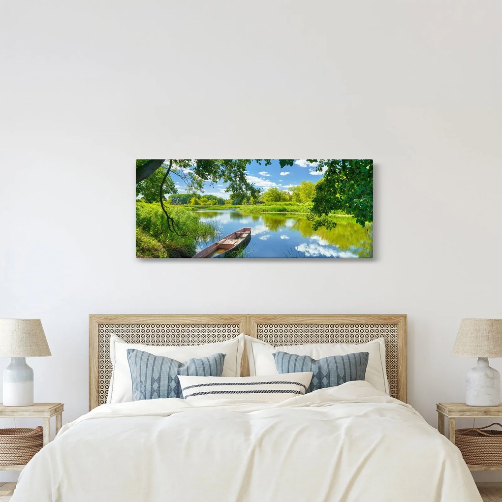 Egy nyári folyó képe hajóval (120x50 cm)