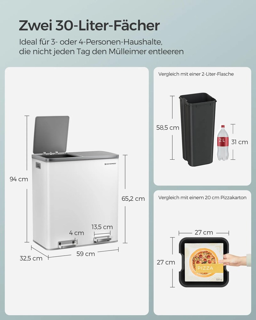 Szelektív szemeteskuka 2x30L, fehér