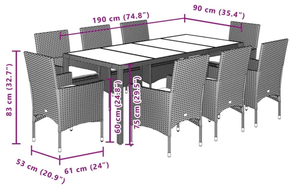 9 részes szürke polyrattan/üveg kerti étkezőgarnitúra párnával