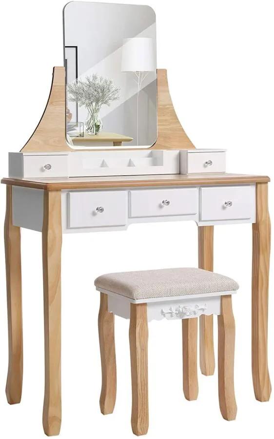 Modern fésülködő asztal, sminkasztal 1 székkel, 360 °-os elfordítható tükör, fehér/barna