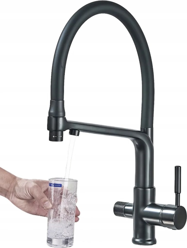 Konyhai Csaptelep Háromutas Szűrő Kihúzható Kifolyócső Fekete