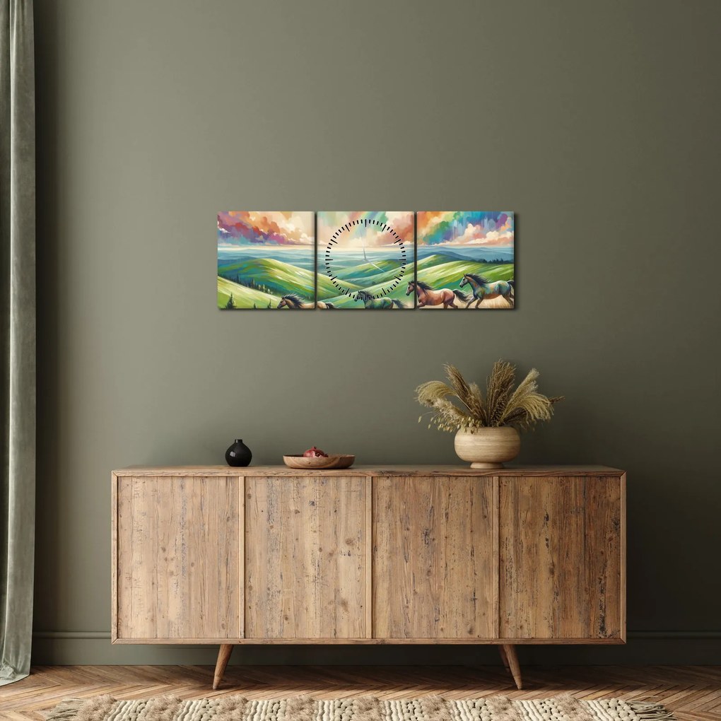 Kép – Vágtázó lovak a tájban (órával) (90x30 cm)