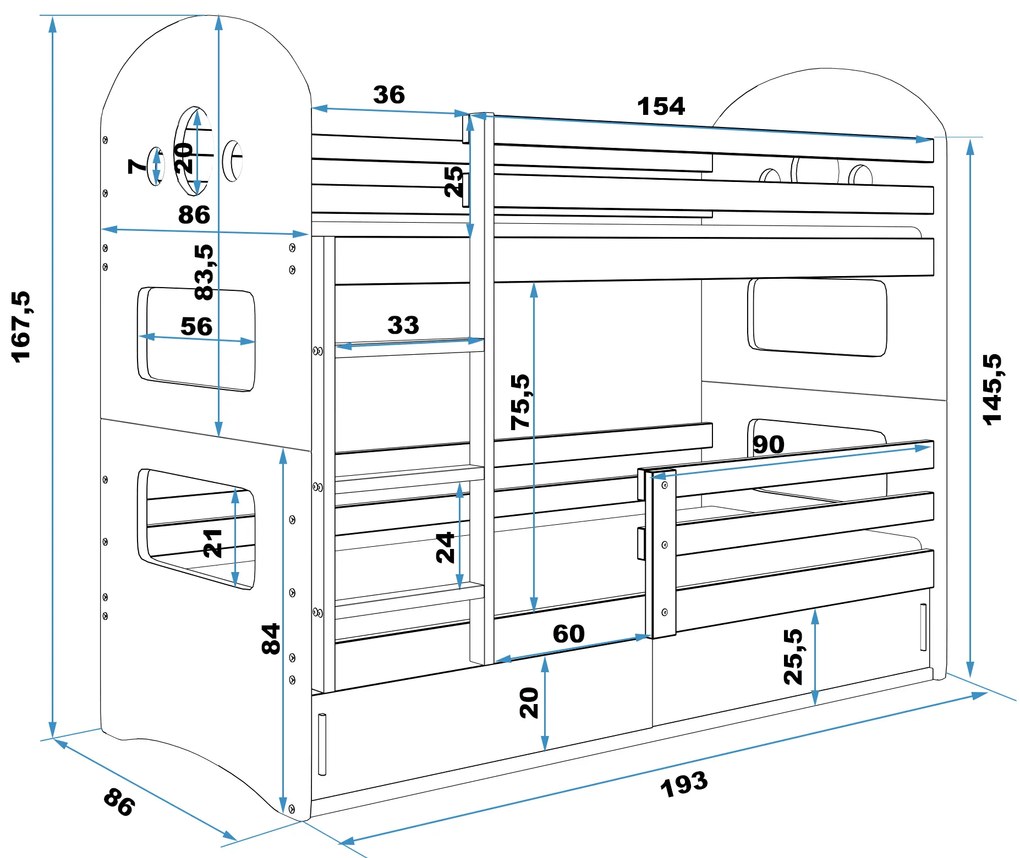 Emeletes ágy 80 x 190 cm Domur (grafit + kék) (ágyrácsokkal és tárolóhellyel). Akció -29%. 1056532