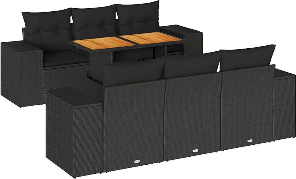vidaXL 7 részes fekete polyrattan kerti ülőgarnitúra párnával