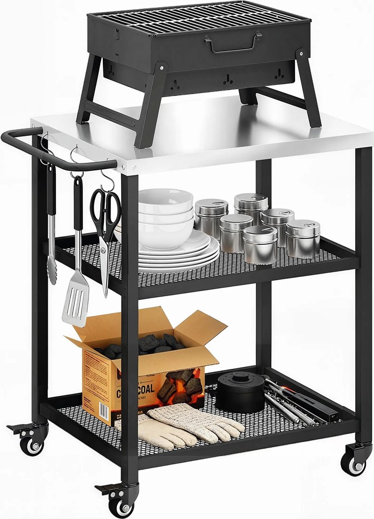 Outsunny 3 szintes grillkocsi – rozsdamentes munkalappal, állítható polcokkal, kerekekkel és fékekkel – fekete | Aosom