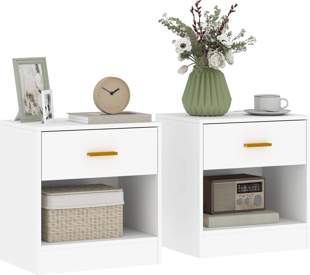 HOMCOM 2 Db Modern Éjjeli Szekrény Fiókkal és Nyitott Polccal, Forgácslap Éjjeli Szekrények, 39x28x41 cm, Fehér | Aosom