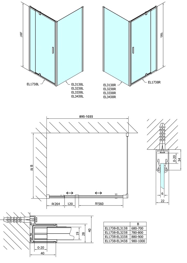 Polysan Polysan, EASY négyszögletes zuhanyparaván forgóajtó 900-1000x800mm L/P változat, téglaüveg, EL1738EL3238