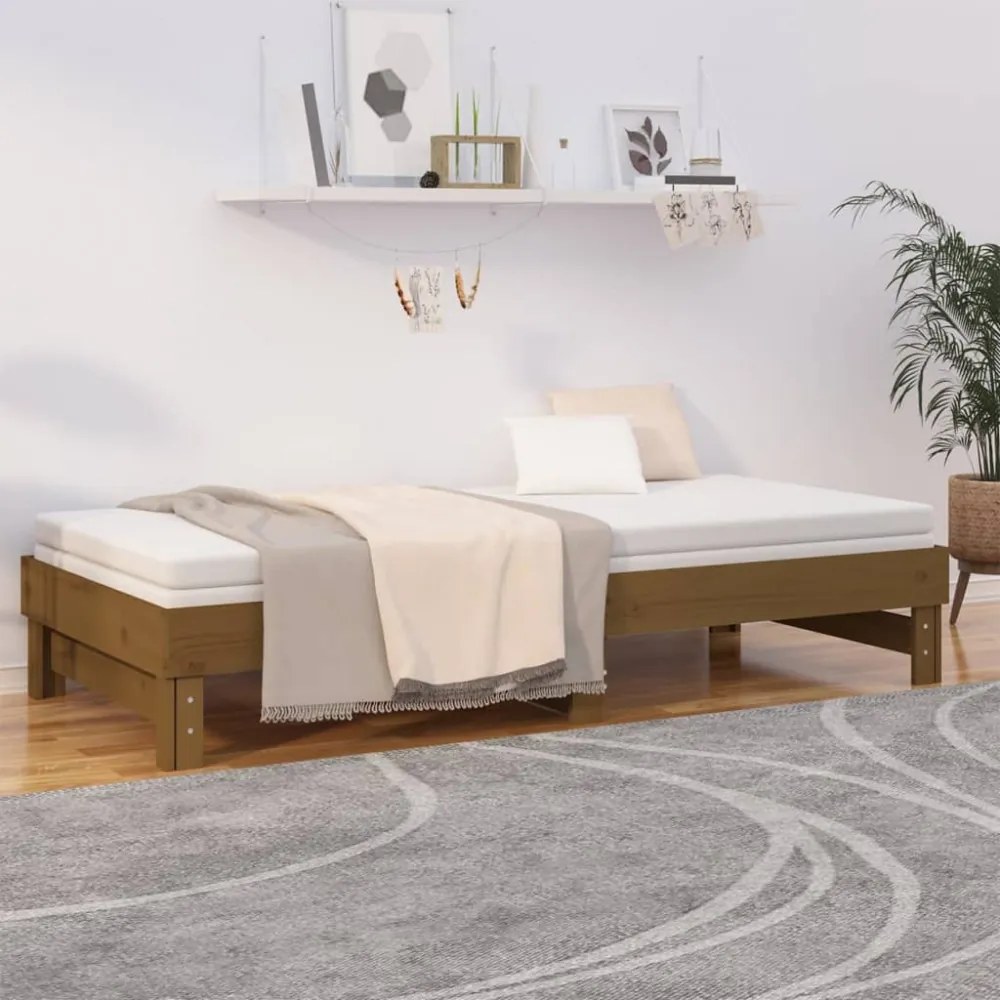 mézbarna tömör fenyőfa kihúzható kanapéágy 2 x (80 x 200) cm
