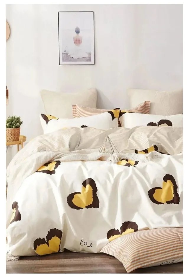 Sárga kétszemélyes hosszabbított négyrészes renforcé pamut ágyneműhuzat lepedővel 200x220 cm Double Heart – Mila Home
