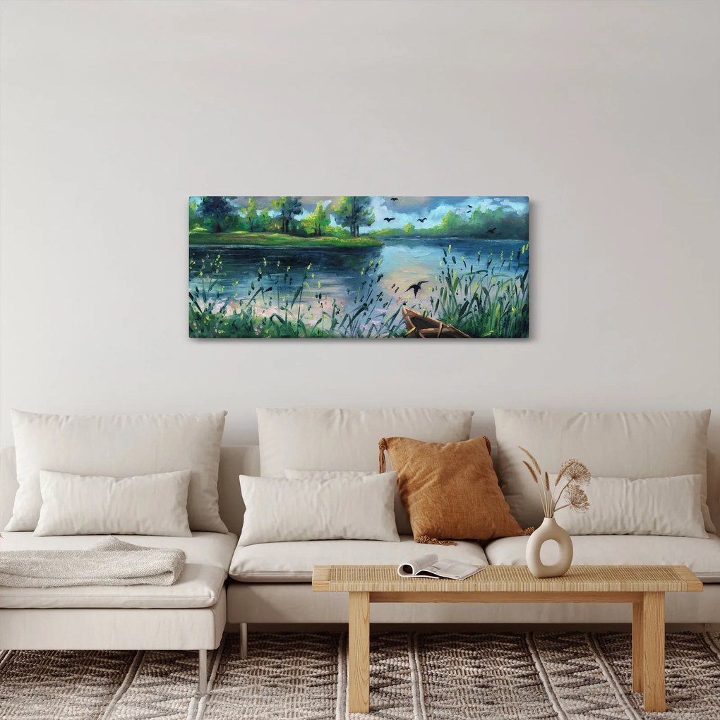 Kép - olajfestmény, Nyári este a tónál (120x50 cm)