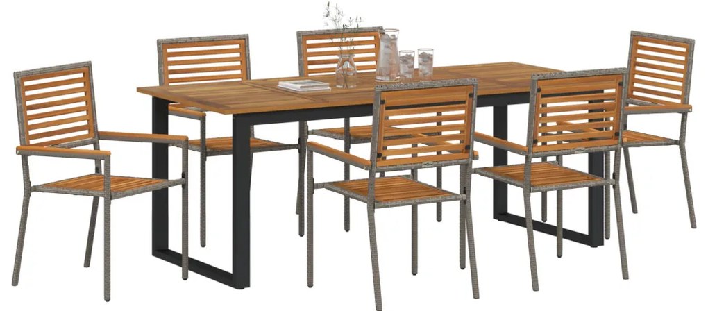 7 darabos Kerti étkező szett Szürke Poli Rattan Akácia, Egymásra rakható kerti székek párnákkal 2 db Szürke Poli Rattan
