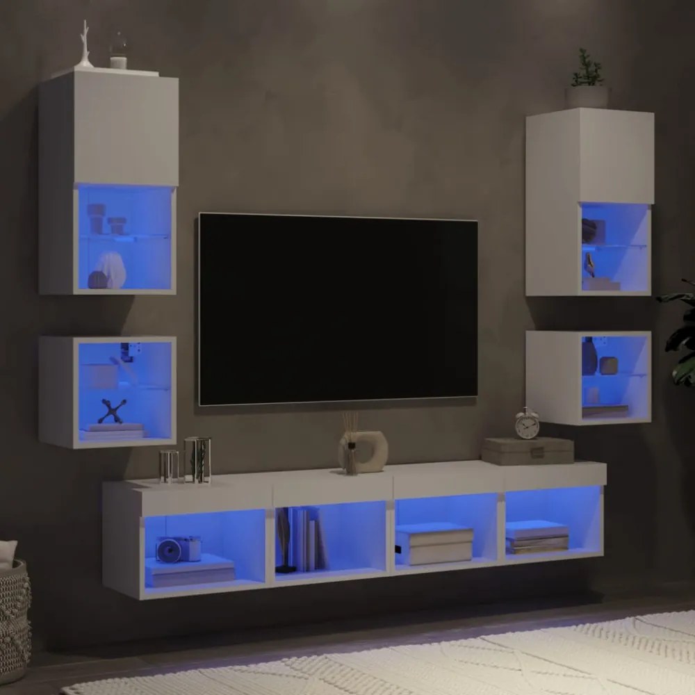 8 darab fehér szerelt fa fali TV-bútor LED-del