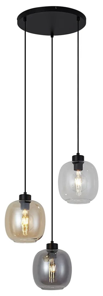 Függőlámpa fekete borostyán, füst és átlátszó üveggel 3-lámpás - Elena