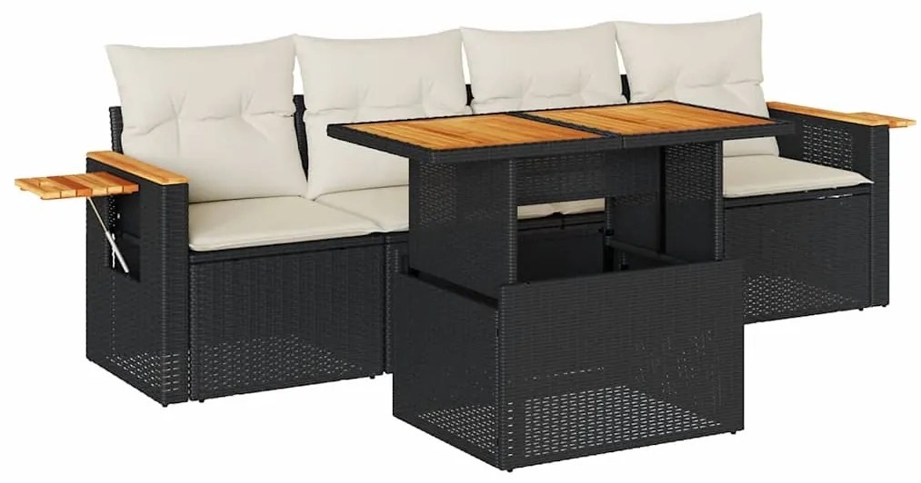 5 részes fekete polyrattan akácfa kerti kanapészett párnákkal