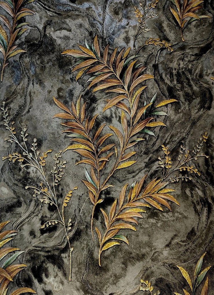 Fali tapéta beton márvány gazdagon díszített levelek arany csillámok