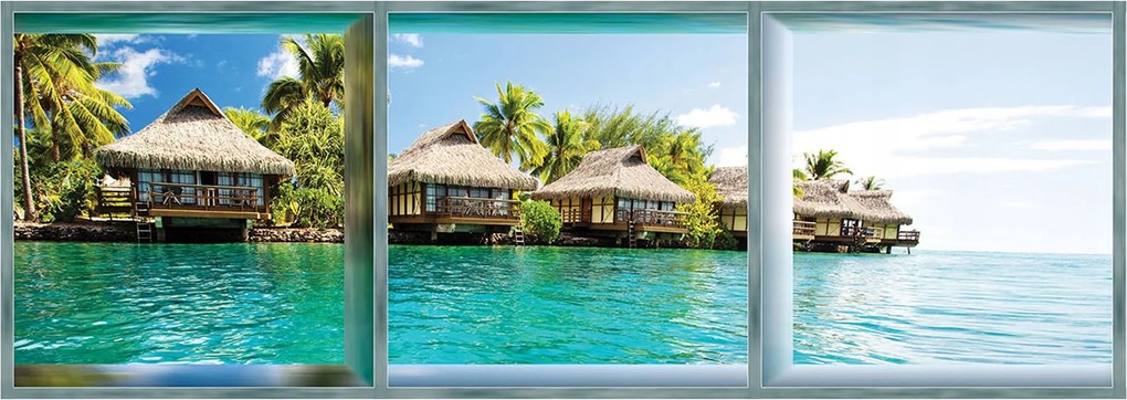 Flizelin fotótapéta Trópusi bungaló paradicsom pálmafák kék 832x254 +ragasztó