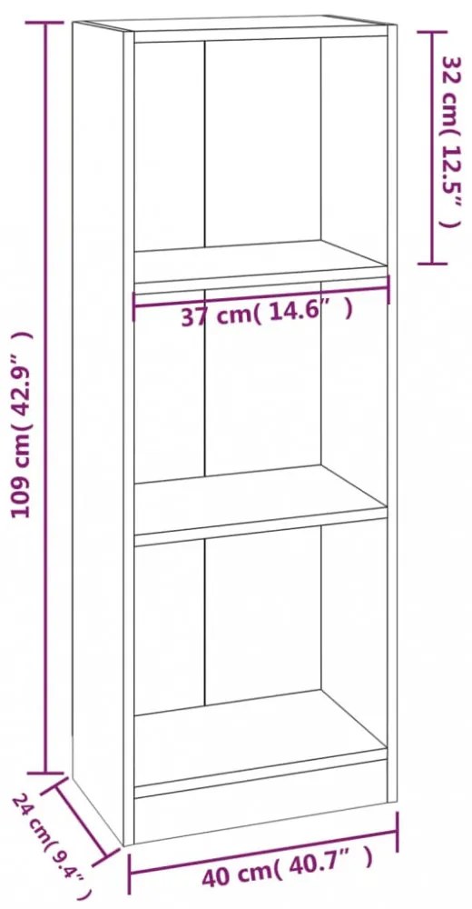 3 szintes szürke sonoma szerelt fa könyvszekrény 40x24x109 cm