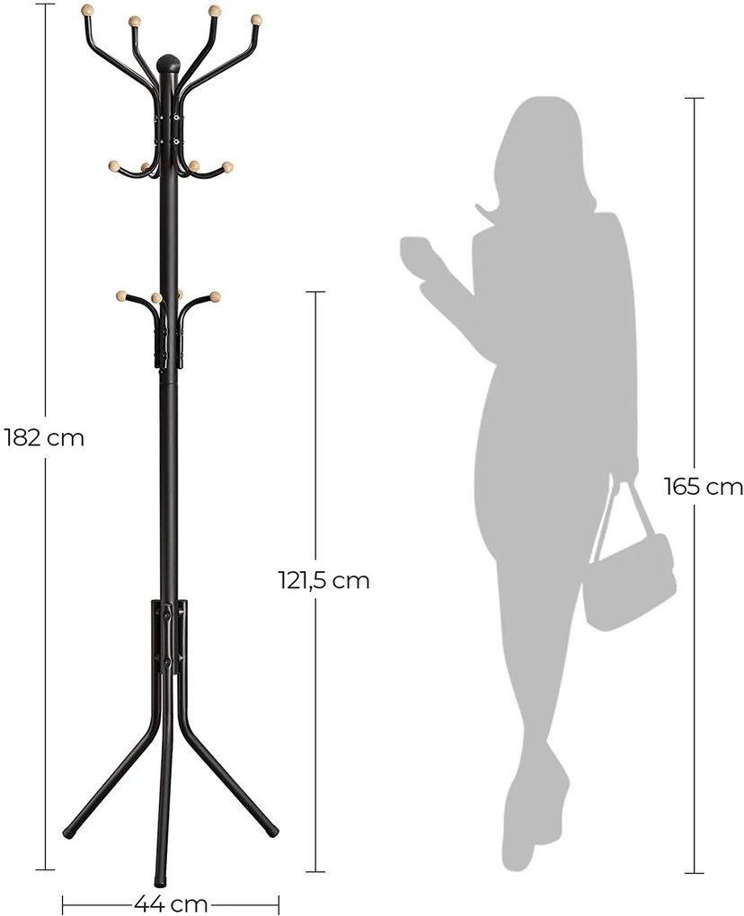 Álló fogas 12 kampóval, stabil fém kabáttartó,182 cm magas, fekete