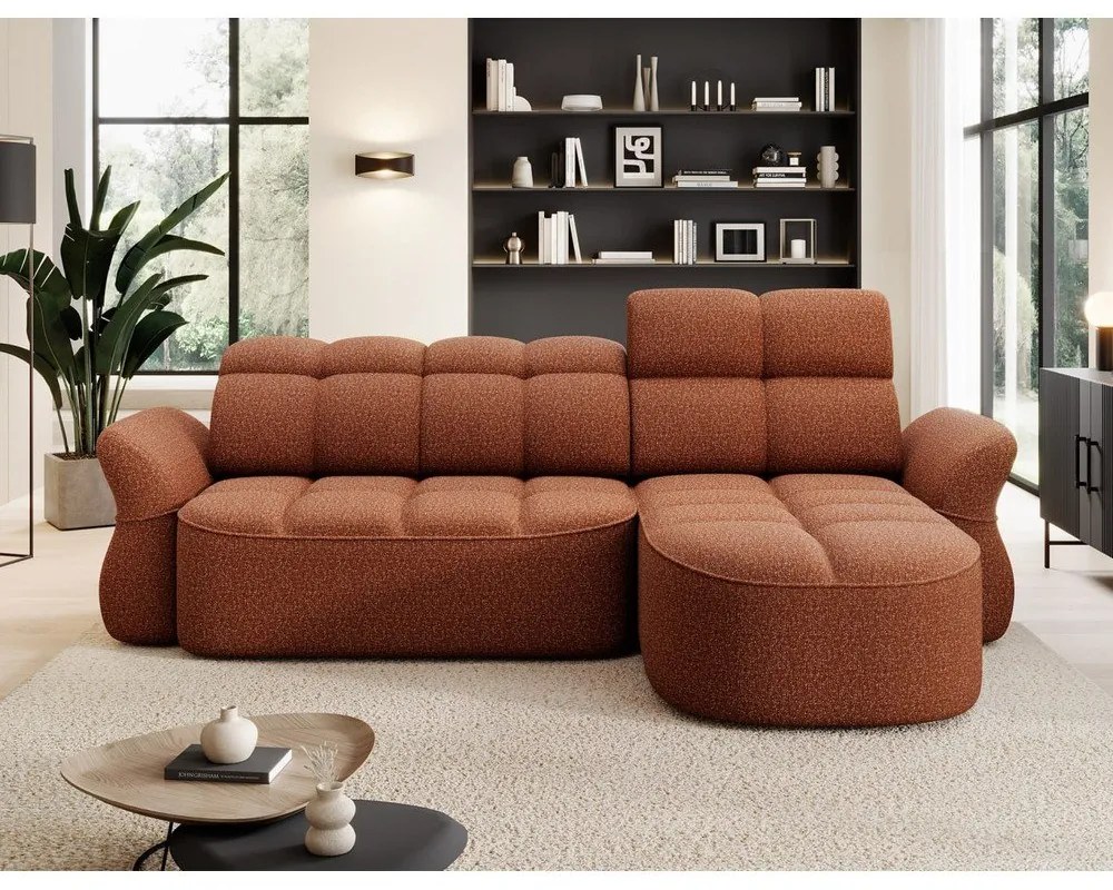 Terrakotta színű bársony kinyitható-tárolóhelyes sarokkanapé (jobb oldali-heverő résszel) Beneth – ELTAP