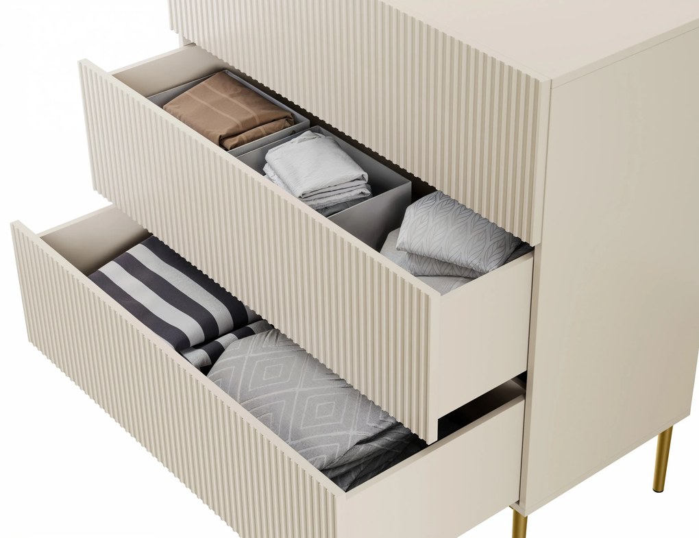 Nicole komód 100 cm fiókokkal, bordázott előlap - kasmír / arany lábak