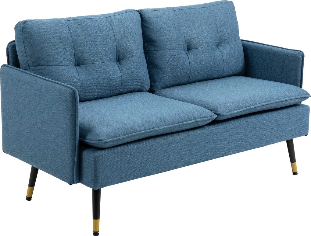 HOMCOM 2-üléses kanapé vászon kárpitozással, párnákkal, karfákkal és acél lábakkal, hálószobába vagy irodába, 240 kg-ig, 139x68x80 cm, Kék | Aosom