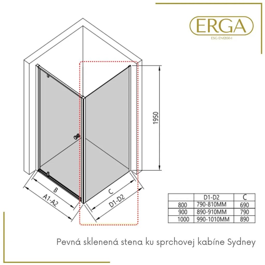 Erga Sydney, fix zuhanyfal 90x195 cm, 6mm átlátszó üveg, fekete profil, ERG-V02-SYDNEY-G090-BK