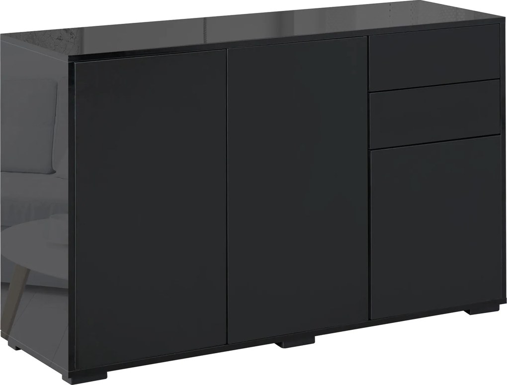 HOMCOM Büfé Szekrény Tárolószekrény 2 Fiókkal, 3 Ajtóval, Állítható Polccal, Részecskelemez, 117 x 36 x 74 cm Fekete | Aosom