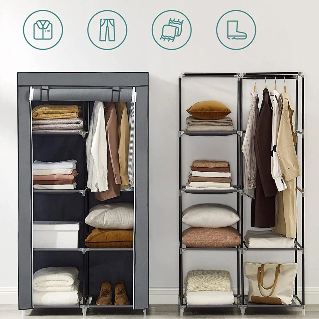 Összecsukható szövet ruhásszekrény, mobil gardrób, 88x45x 70 cm, szürke