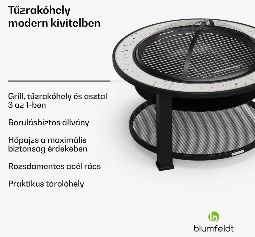 Blumfeldt Merano Circolo 3 az 1-ben, tűzrakóhely grill funkcióval, használható asztalként, 87 cm-es átmérő